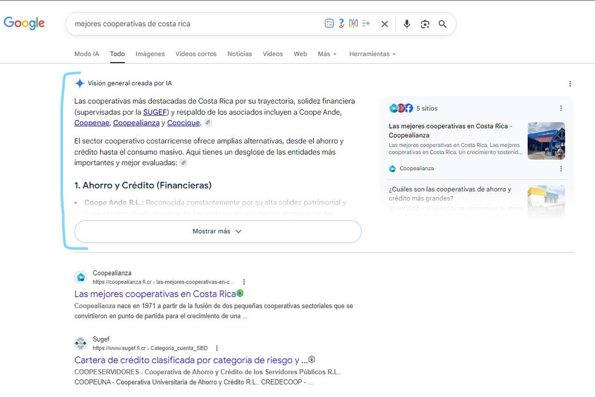 Resultados de AI Overviews de Google